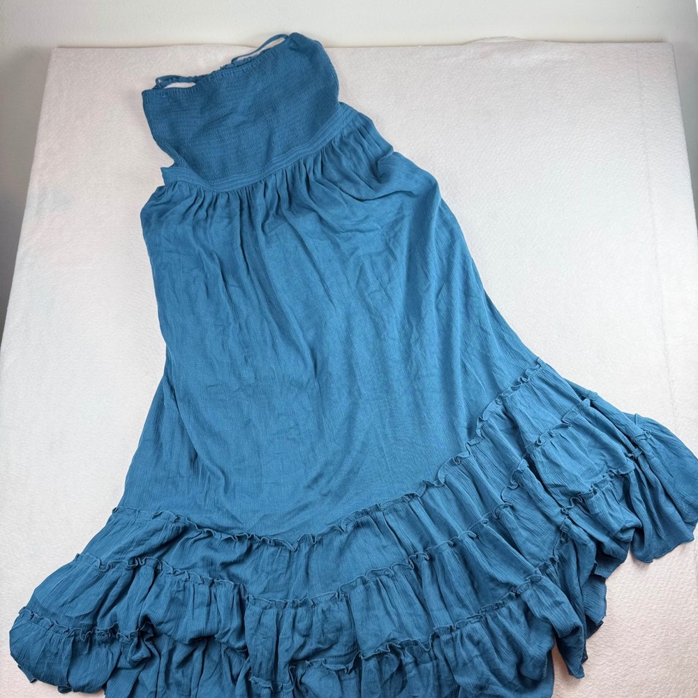 R.YIPOSHA Teal Blue Smocked Halter Maxi Dress Tiered Ruffle Boho XL 16/18 NWT
